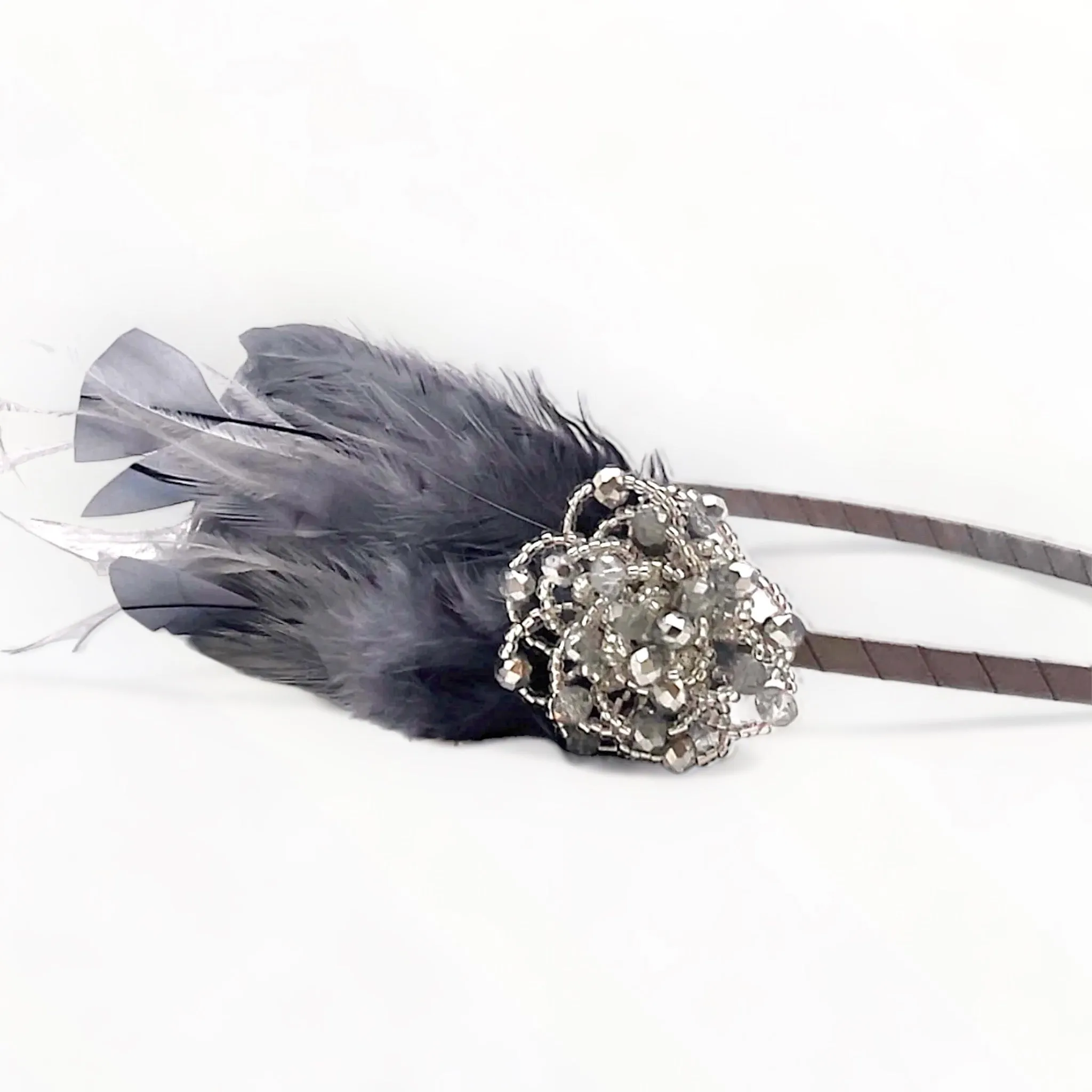 Luxury Nirvana Grey Feather & Silver Crystal Headband