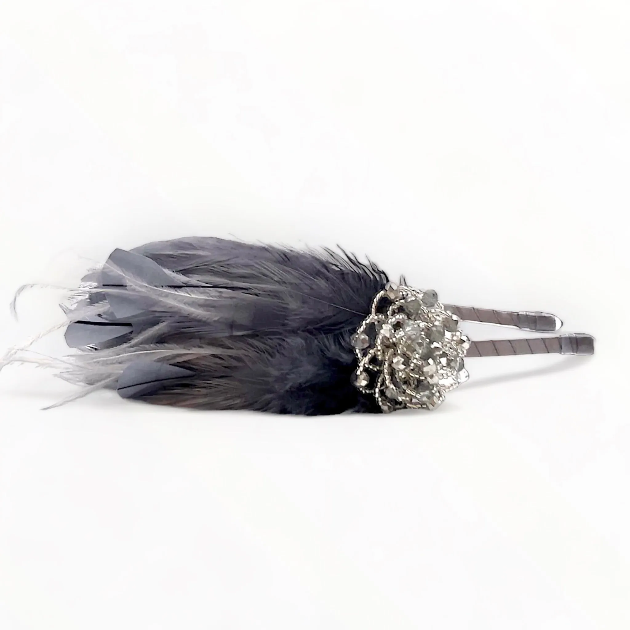 Luxury Nirvana Grey Feather & Silver Crystal Headband