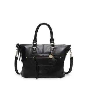 Metal Zip PU Leather Handbag - Black