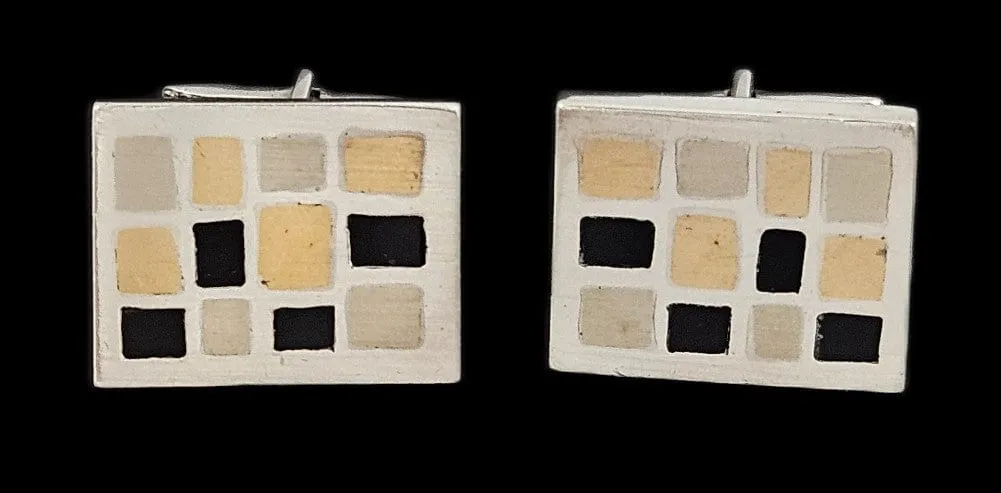 Mid Century Modern Taxco Sterling w Inlay Scandinavian Mod Style Cufflinks