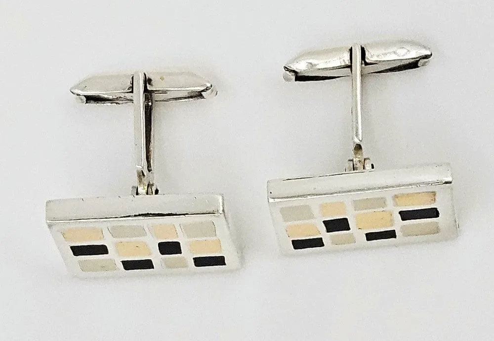 Mid Century Modern Taxco Sterling w Inlay Scandinavian Mod Style Cufflinks