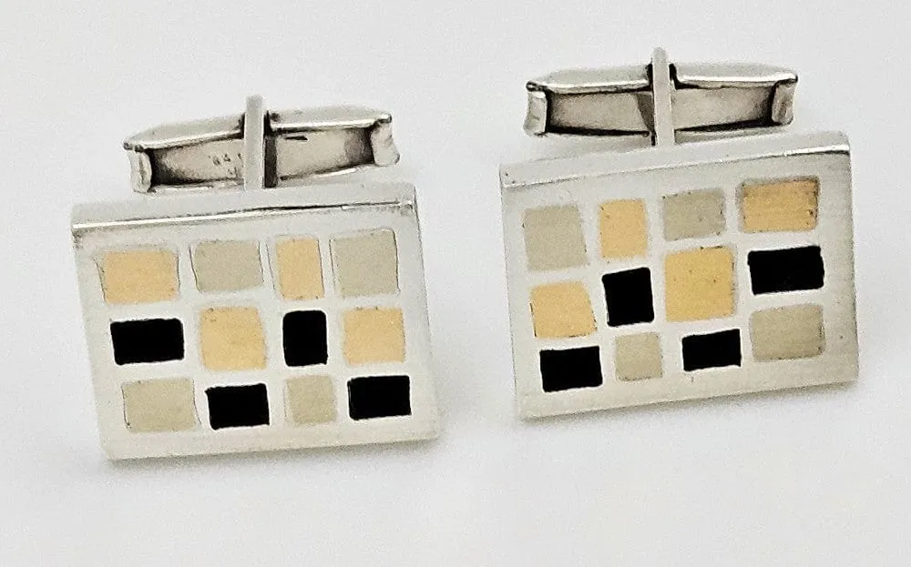 Mid Century Modern Taxco Sterling w Inlay Scandinavian Mod Style Cufflinks