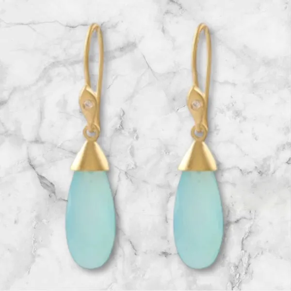 Narrow Aqua Chalcedony Drop Earrings