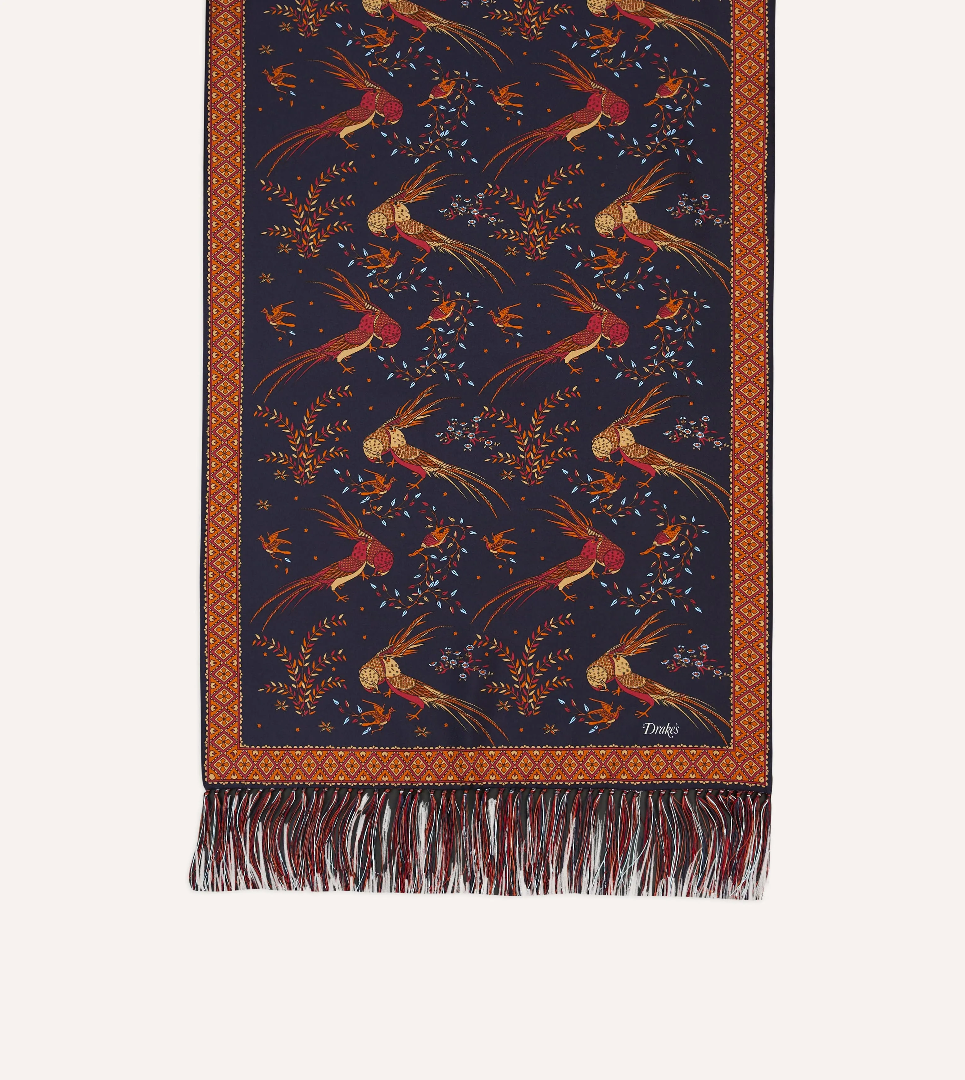 Navy Birds of Paradise Print Tubular Silk Tasselled Scarf