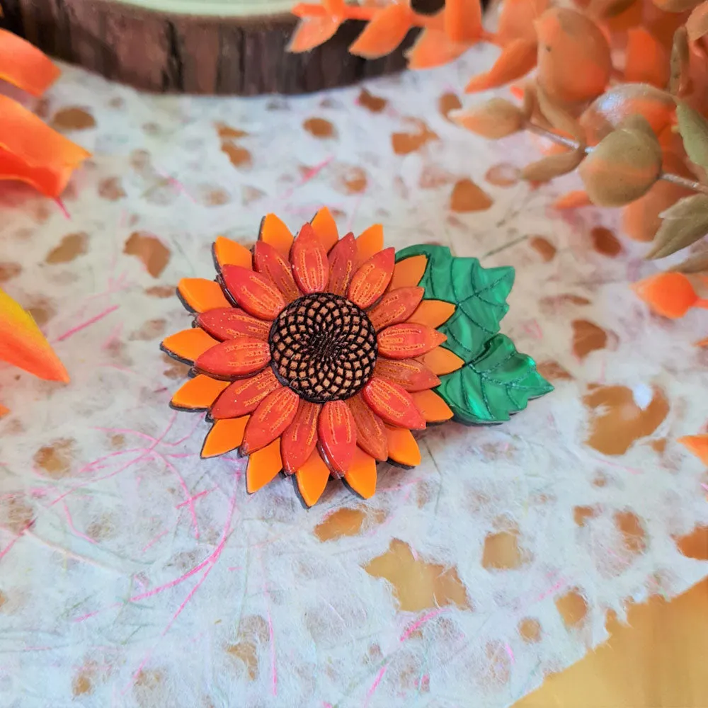 Orange Sunflower Pin Brooch by Cherryloco