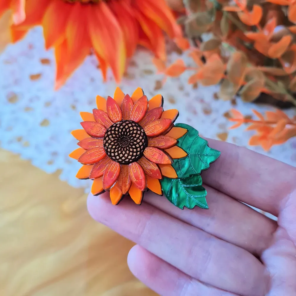 Orange Sunflower Pin Brooch by Cherryloco