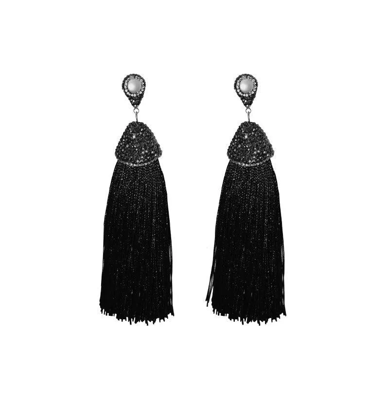 Pavé Crystal & Pearl Tassel Earrings