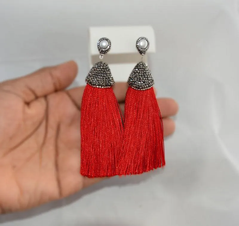 Pavé Crystal & Pearl Tassel Earrings