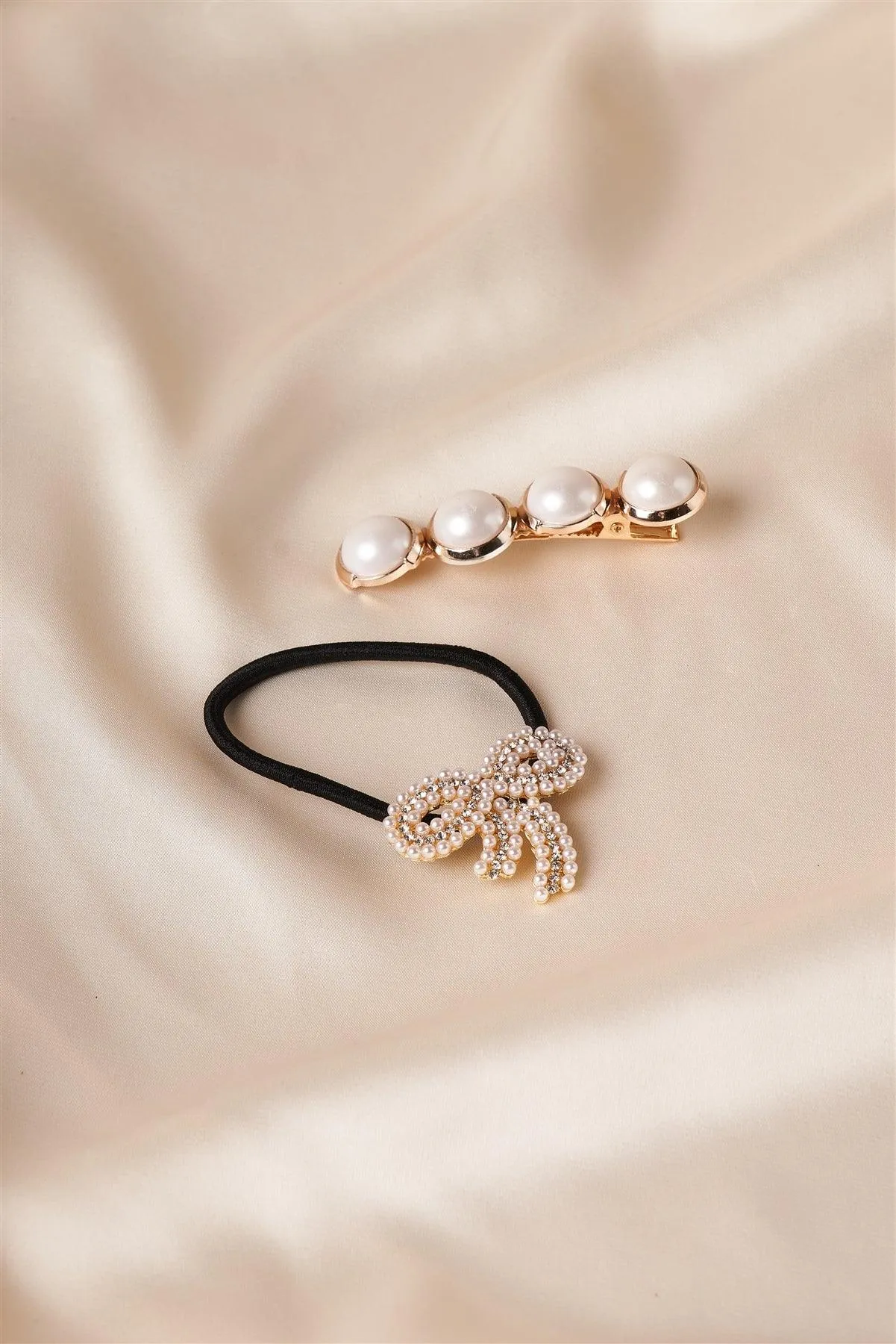 Pearl Bow Tie Hair Tie with Gold Pearl Hair Clip - Set of 2