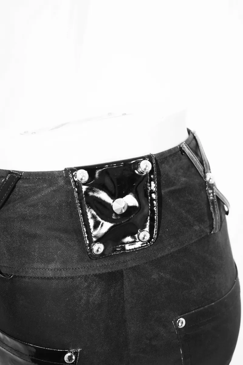 Punk Black Pants with Pentagram Harness Belts / Zipper Trousers with Vinil Pockets for Women