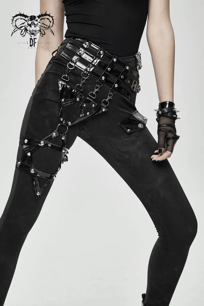 Punk Black Pants with Pentagram Harness Belts / Zipper Trousers with Vinil Pockets for Women