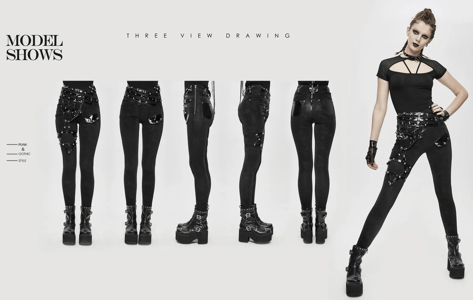 Punk Black Pants with Pentagram Harness Belts / Zipper Trousers with Vinil Pockets for Women