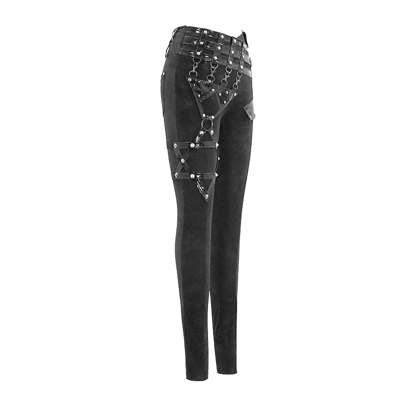 Punk Black Pants with Pentagram Harness Belts / Zipper Trousers with Vinil Pockets for Women