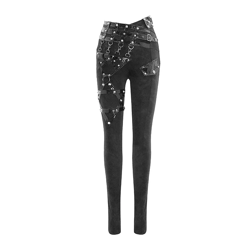 Punk Black Pants with Pentagram Harness Belts / Zipper Trousers with Vinil Pockets for Women