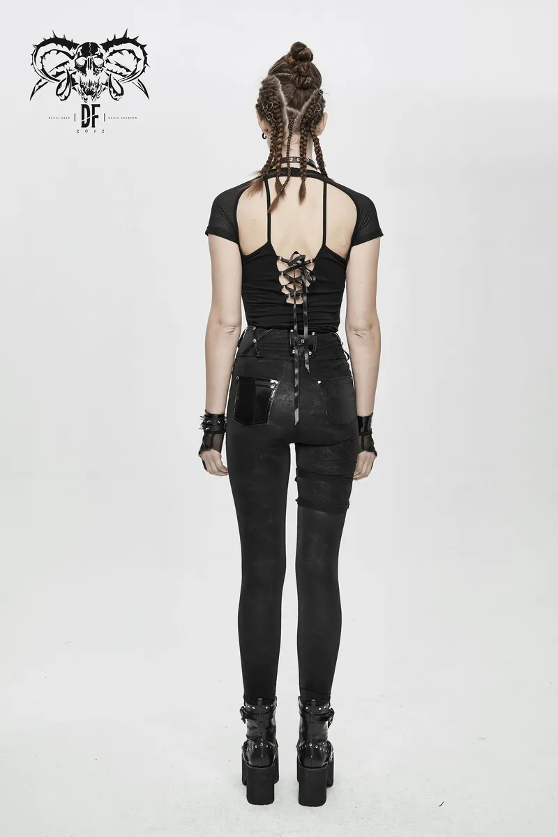 Punk Black Pants with Pentagram Harness Belts / Zipper Trousers with Vinil Pockets for Women