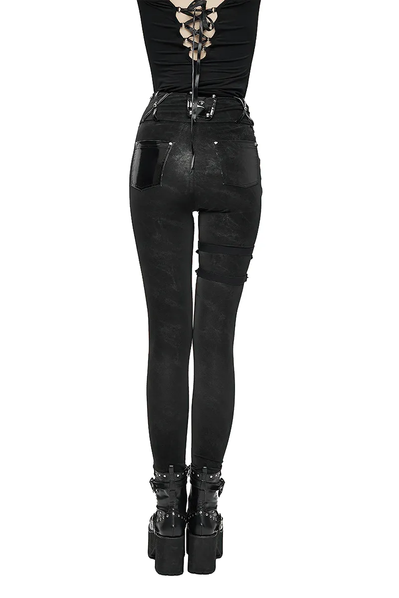 Punk Black Pants with Pentagram Harness Belts / Zipper Trousers with Vinil Pockets for Women