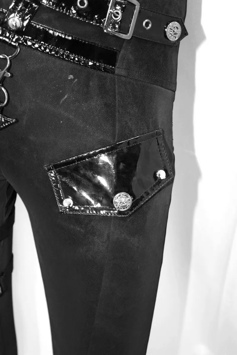 Punk Black Pants with Pentagram Harness Belts / Zipper Trousers with Vinil Pockets for Women