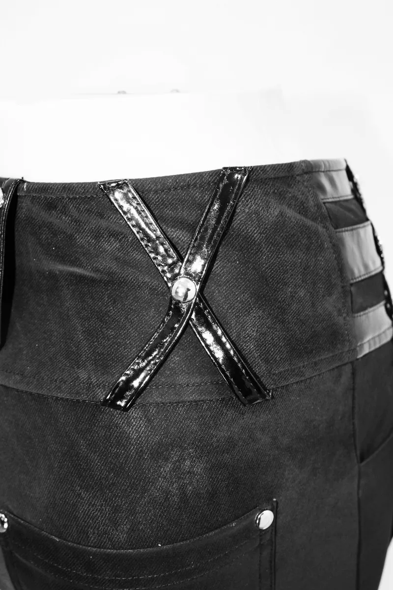 Punk Black Pants with Pentagram Harness Belts / Zipper Trousers with Vinil Pockets for Women