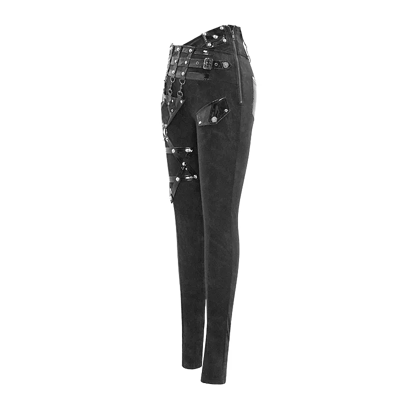 Punk Black Pants with Pentagram Harness Belts / Zipper Trousers with Vinil Pockets for Women