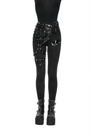 Punk Black Pants with Pentagram Harness Belts / Zipper Trousers with Vinil Pockets for Women