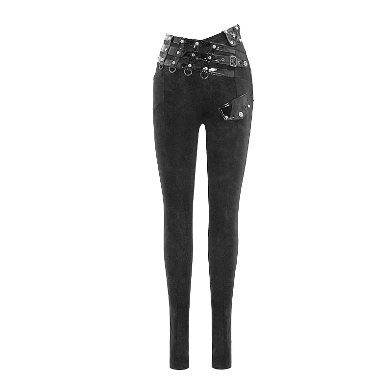 Punk Black Pants with Pentagram Harness Belts / Zipper Trousers with Vinil Pockets for Women