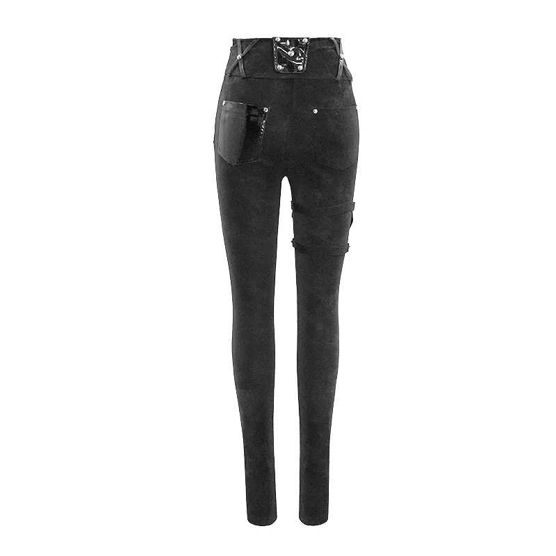 Punk Black Pants with Pentagram Harness Belts / Zipper Trousers with Vinil Pockets for Women