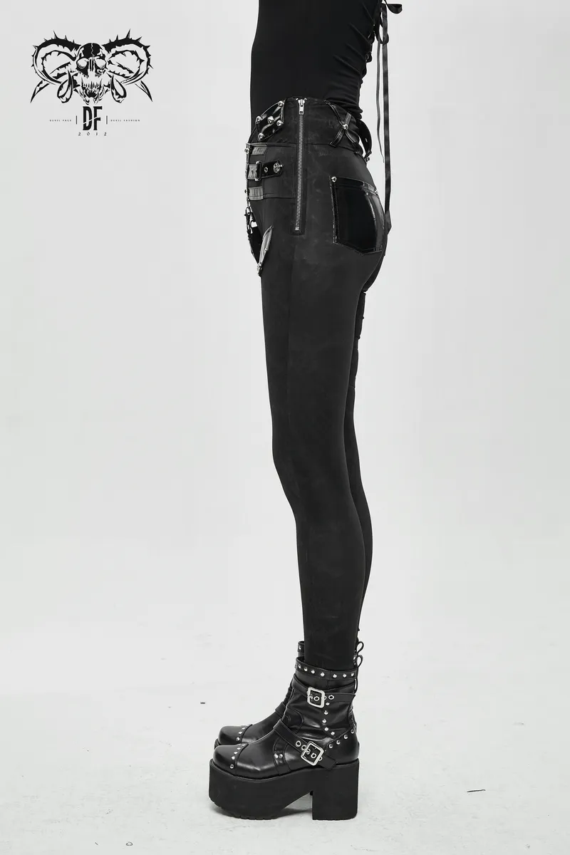 Punk Black Pants with Pentagram Harness Belts / Zipper Trousers with Vinil Pockets for Women