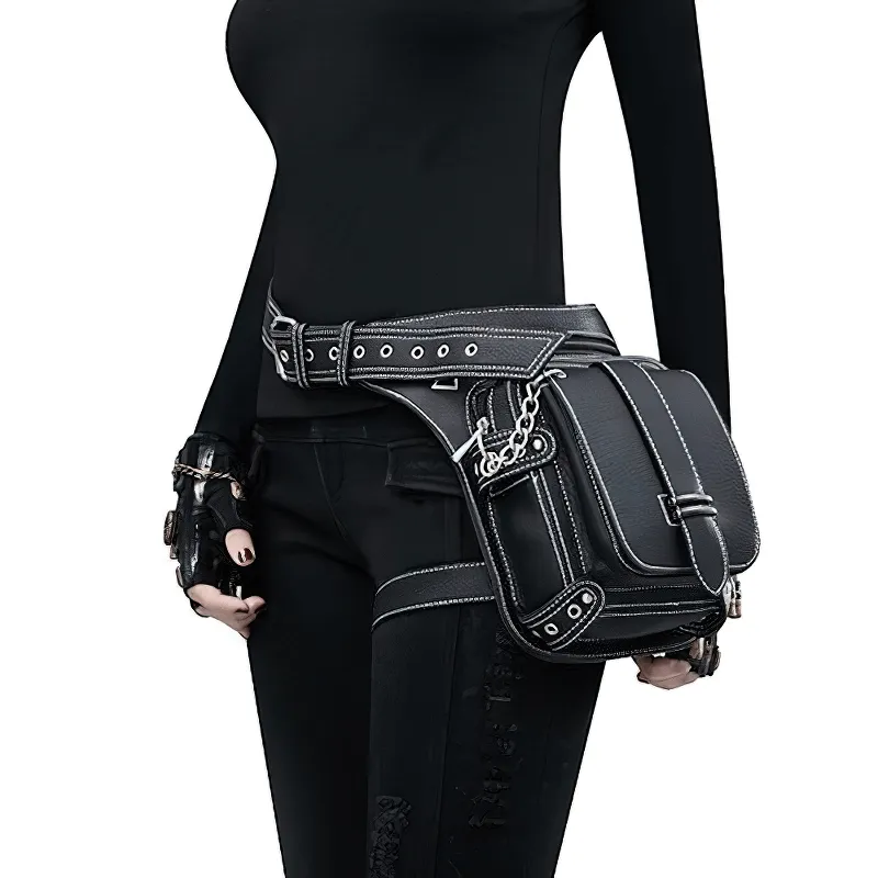 Punk Rock Chain Waist Bag With Leg Strap / Motorcycle Shoulder Crossbody Bag