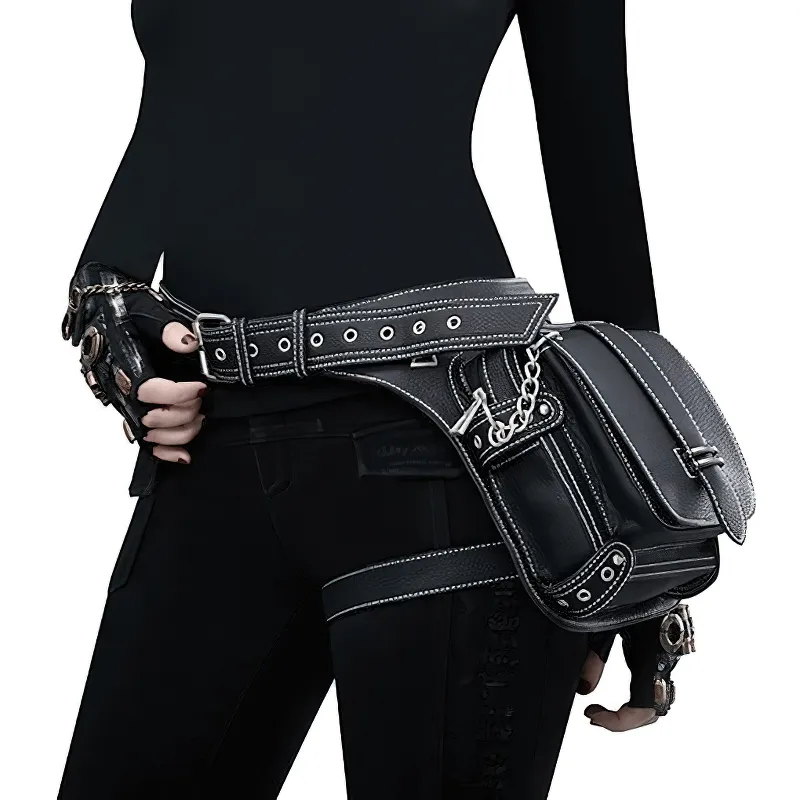 Punk Rock Chain Waist Bag With Leg Strap / Motorcycle Shoulder Crossbody Bag