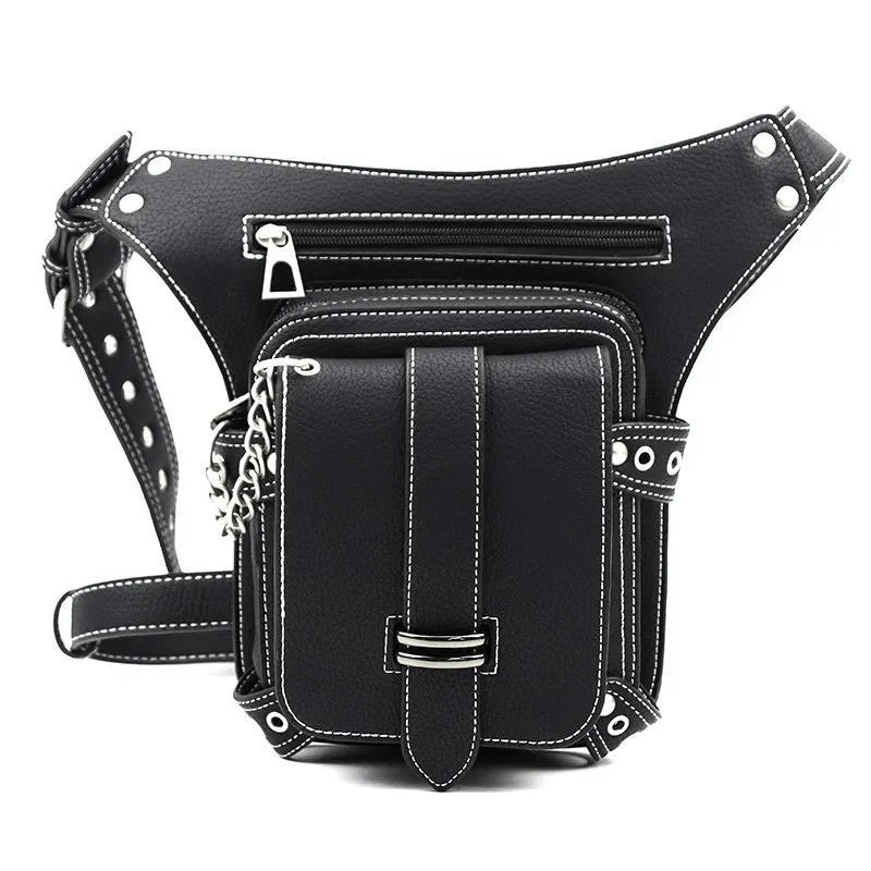 Punk Rock Chain Waist Bag With Leg Strap / Motorcycle Shoulder Crossbody Bag