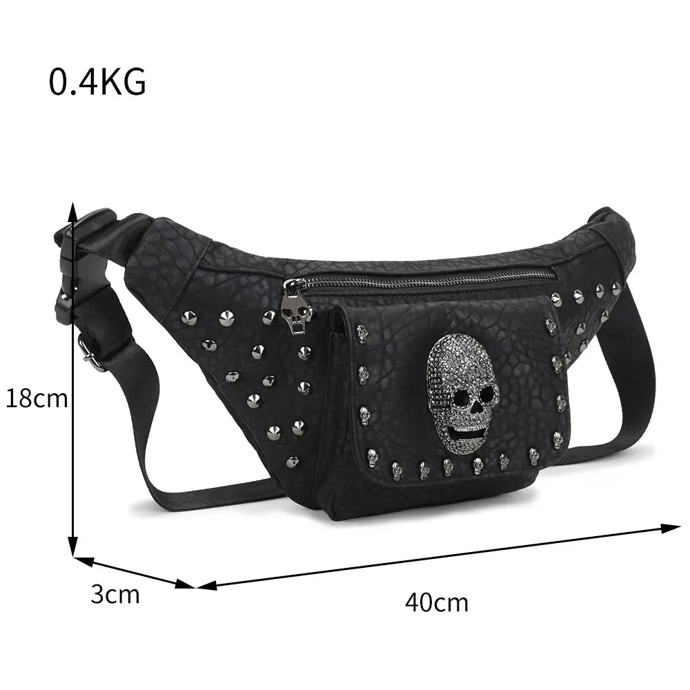 Punk Skull Studded Solid Color Waistbag / Unisex Adjustable Strap Pack Bag