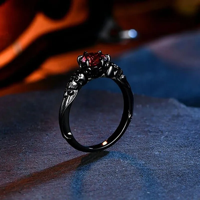 Red Moissanite 925 Sterling Sliver Black Skull Ring