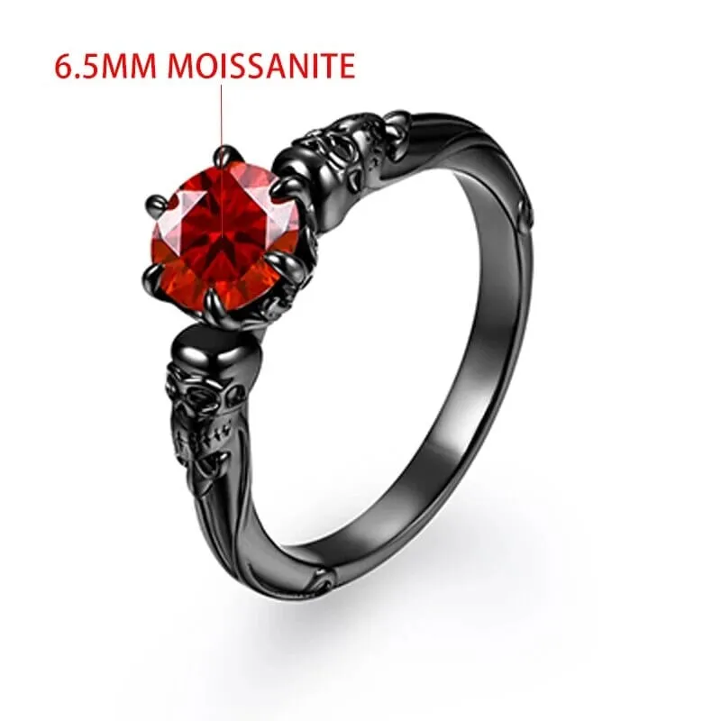 Red Moissanite 925 Sterling Sliver Black Skull Ring