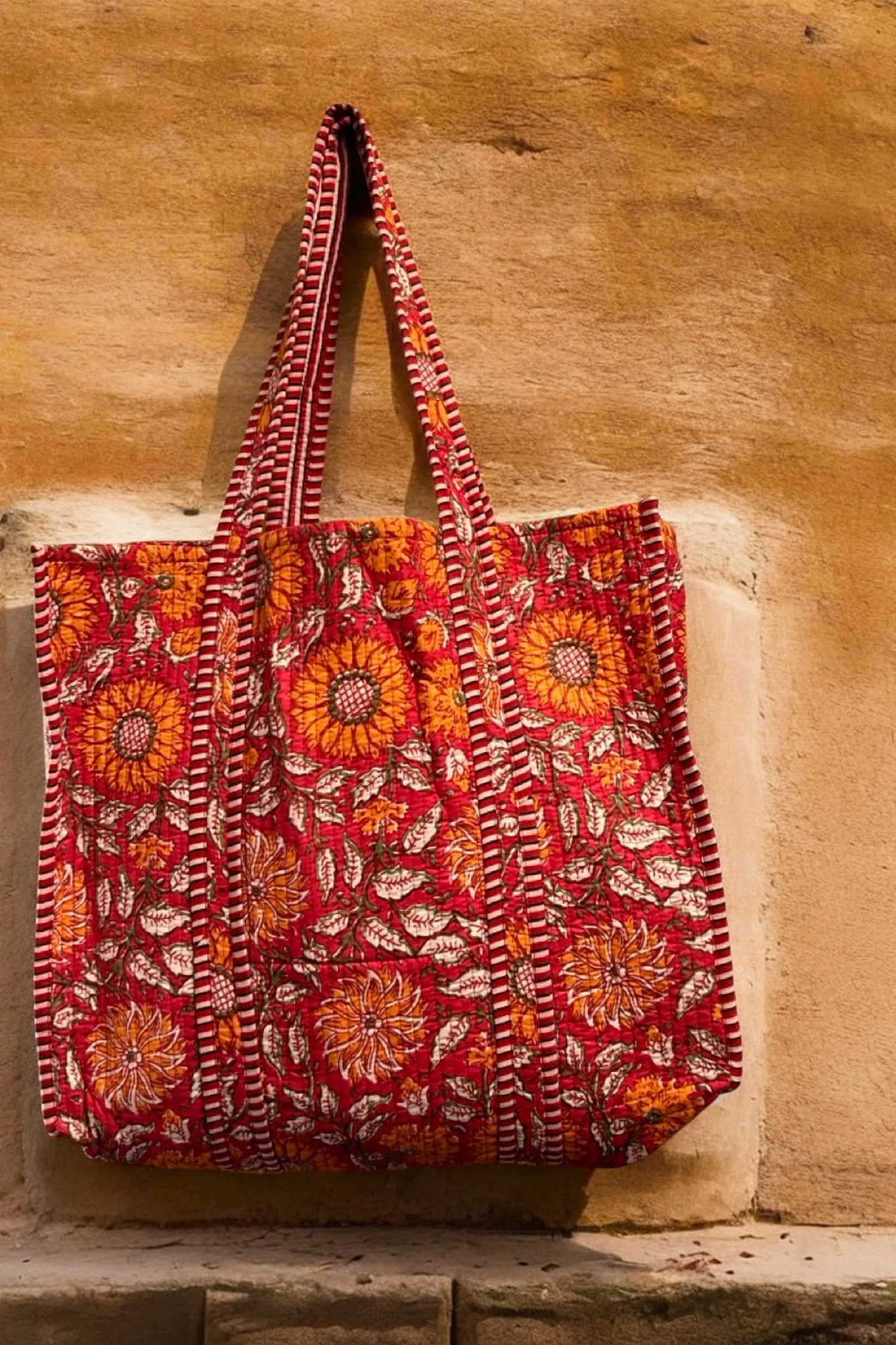 Reversible Cotton Quilted Tote - Madder Sunflower Fields