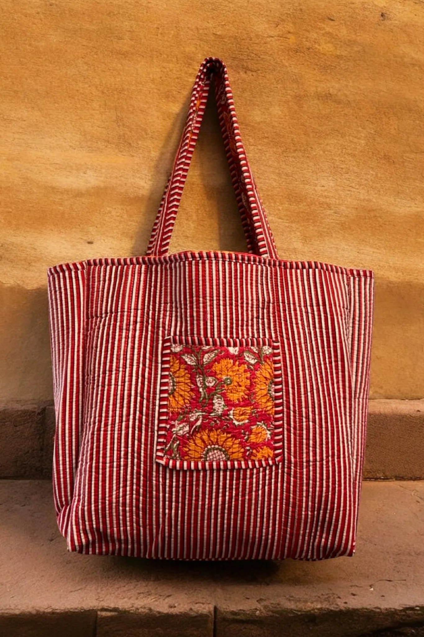 Reversible Cotton Quilted Tote - Madder Sunflower Fields