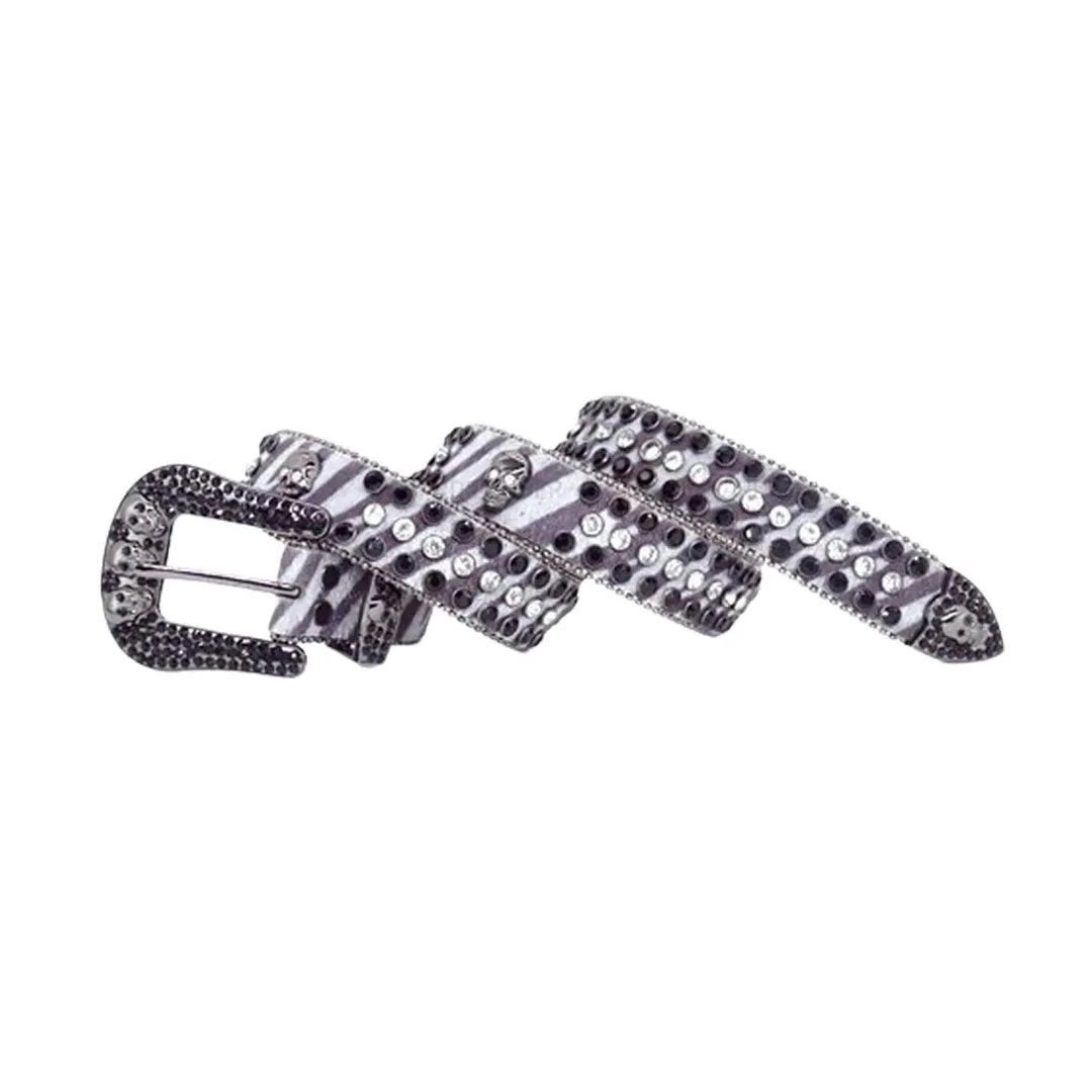 Rhinestone Skull Buckle Pattern Grey Strap With Black Studded Belt