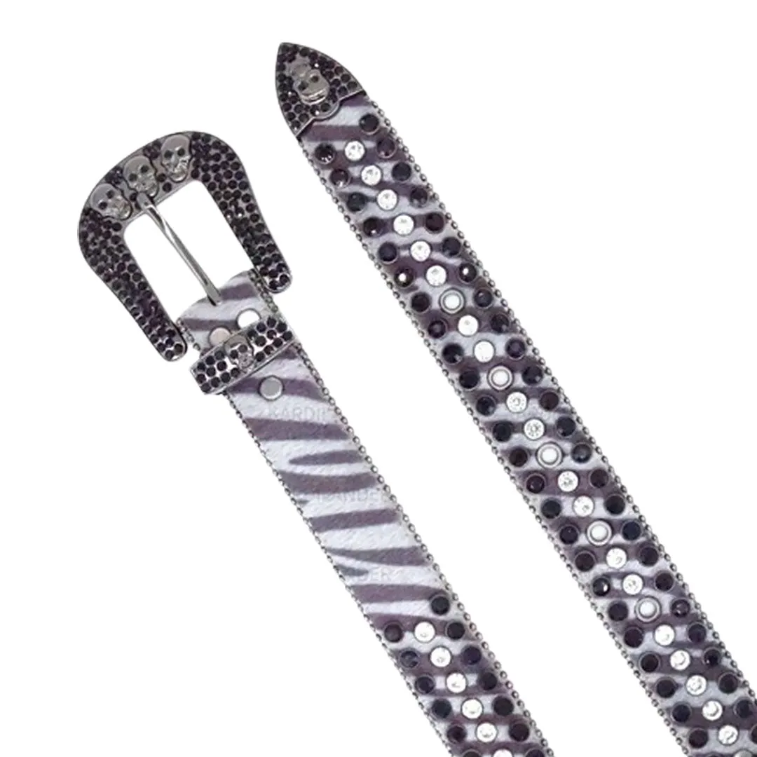 Rhinestone Skull Buckle Pattern Grey Strap With Black Studded Belt