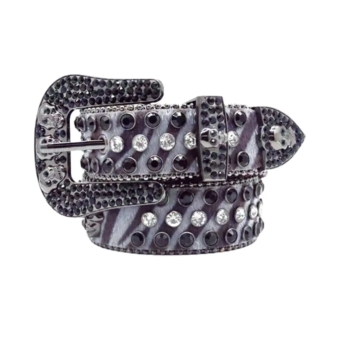 Rhinestone Skull Buckle Pattern Grey Strap With Black Studded Belt