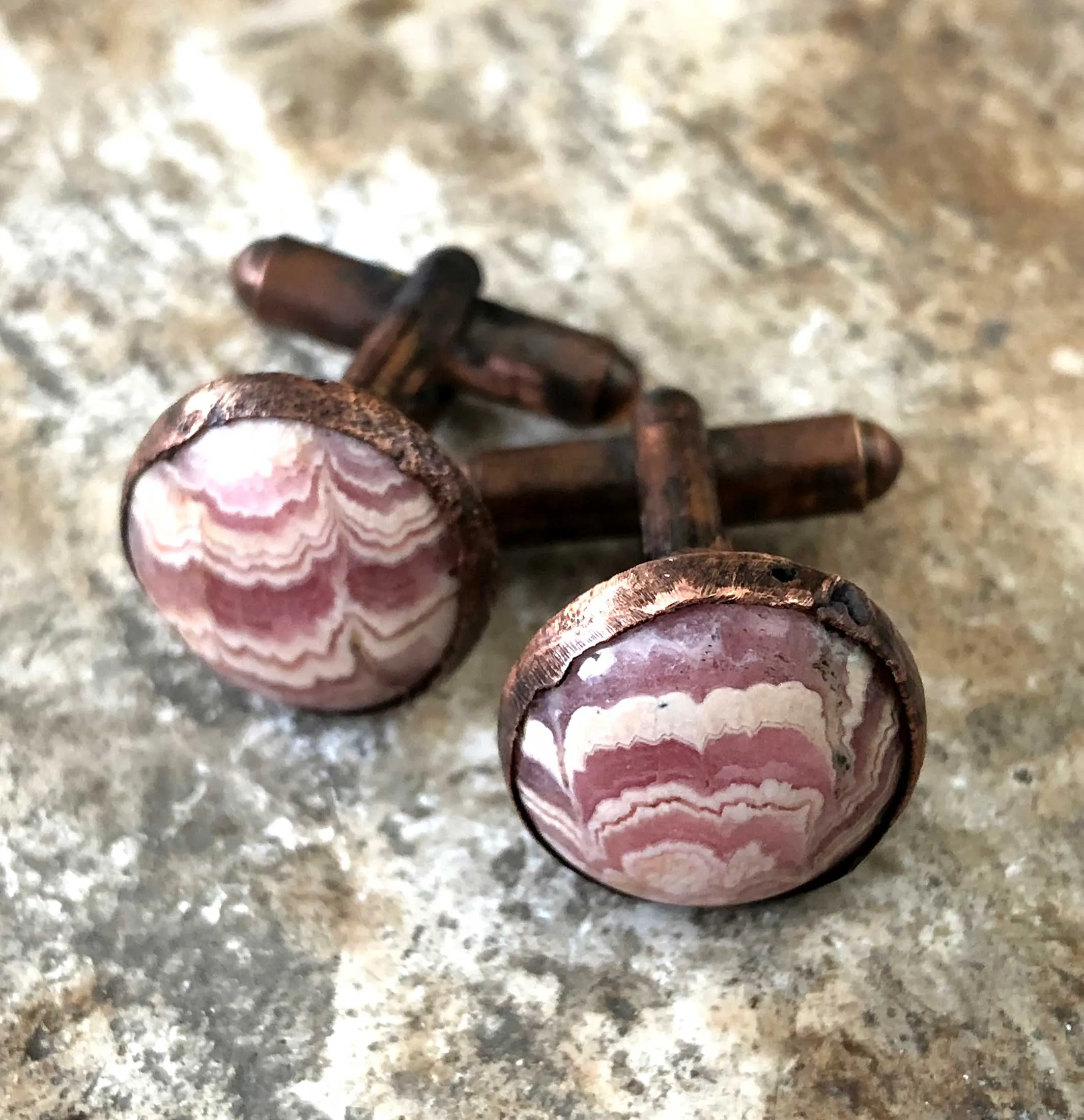 Rhodochrosite Electroformed Cufflinks, pink cuff links