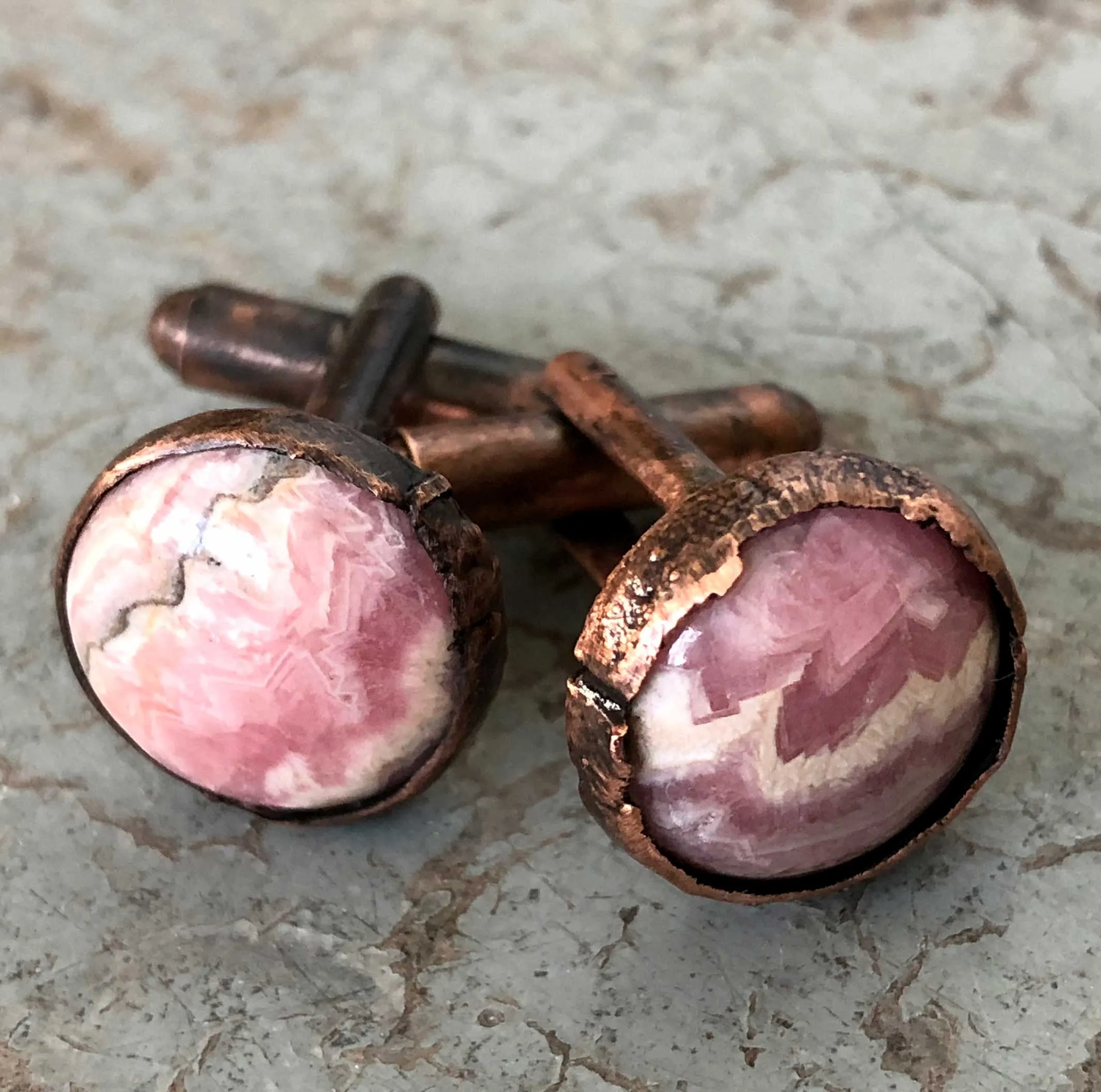 Rhodochrosite Electroformed Cufflinks, pink cuff links