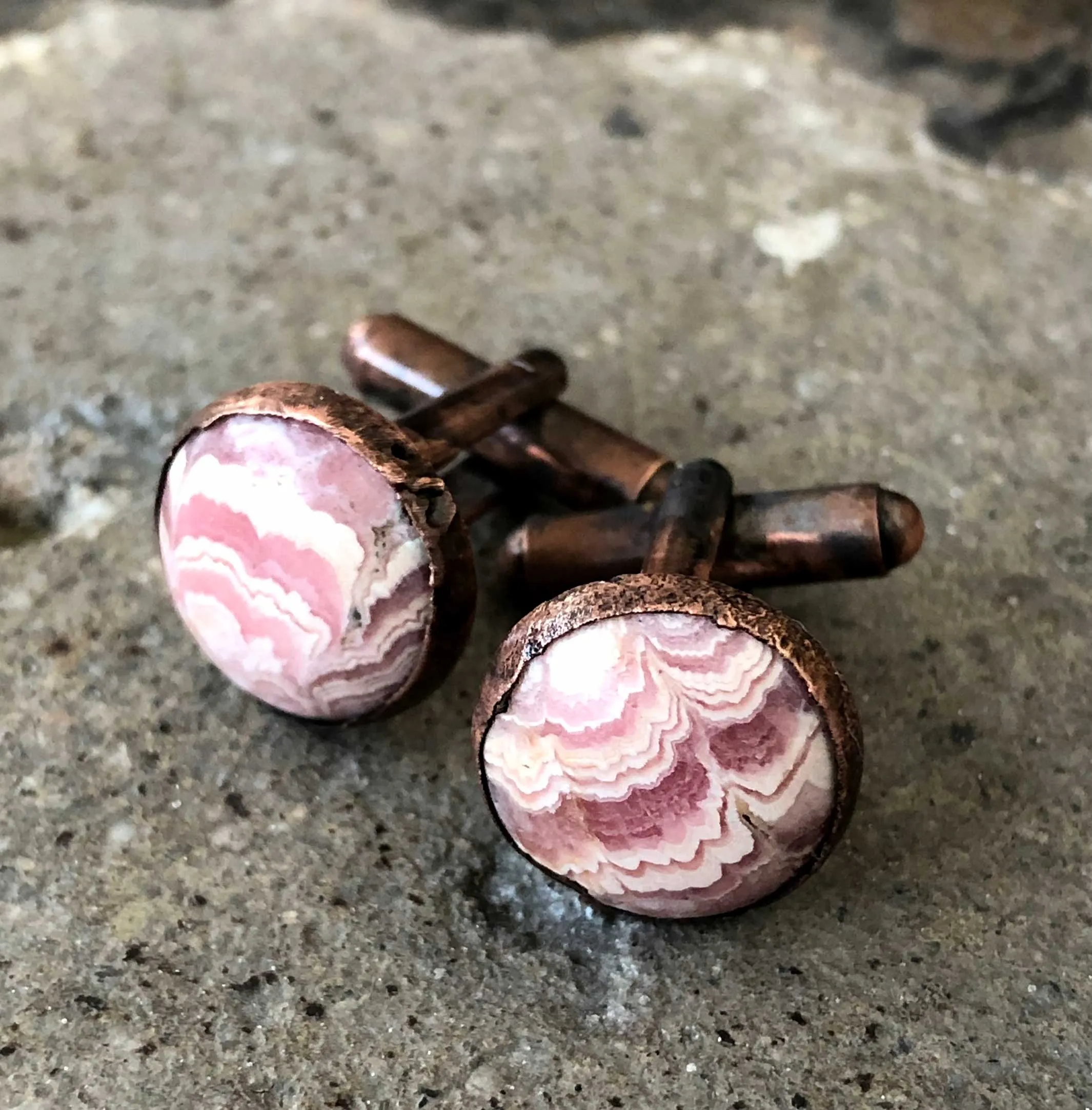 Rhodochrosite Electroformed Cufflinks, pink cuff links