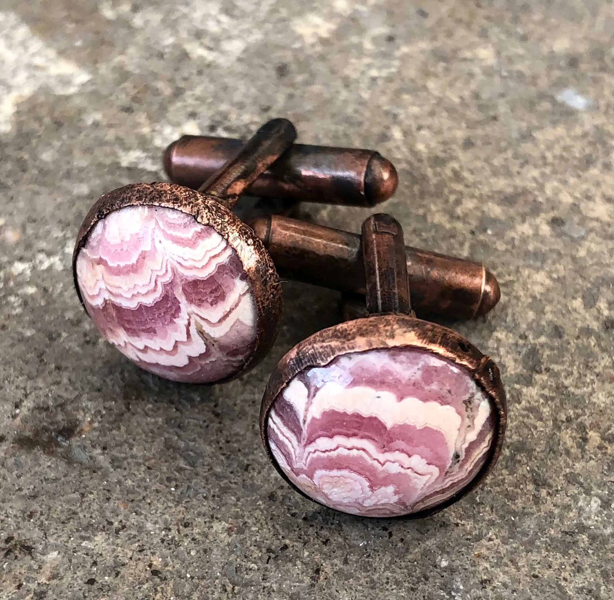 Rhodochrosite Electroformed Cufflinks, pink cuff links