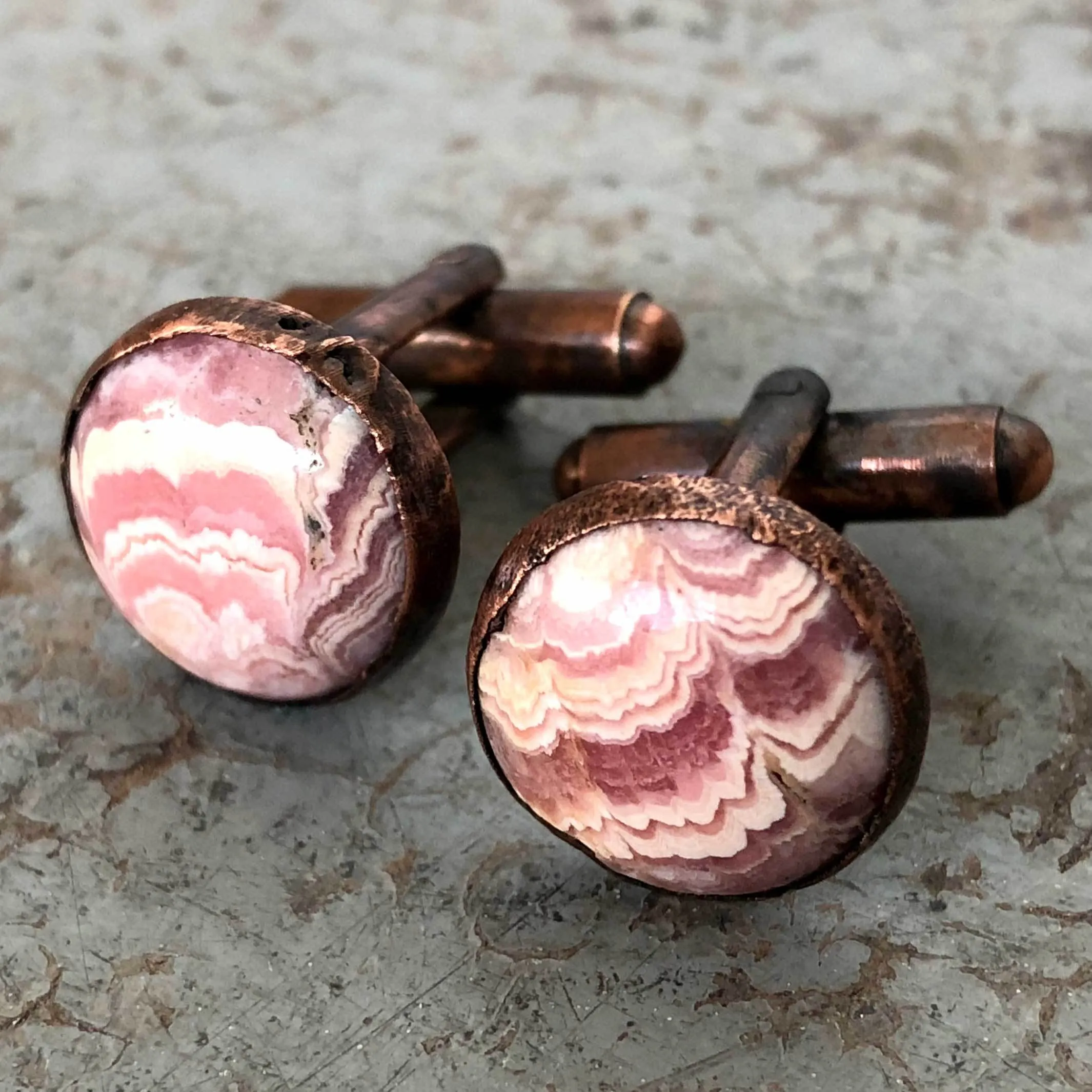 Rhodochrosite Electroformed Cufflinks, pink cuff links