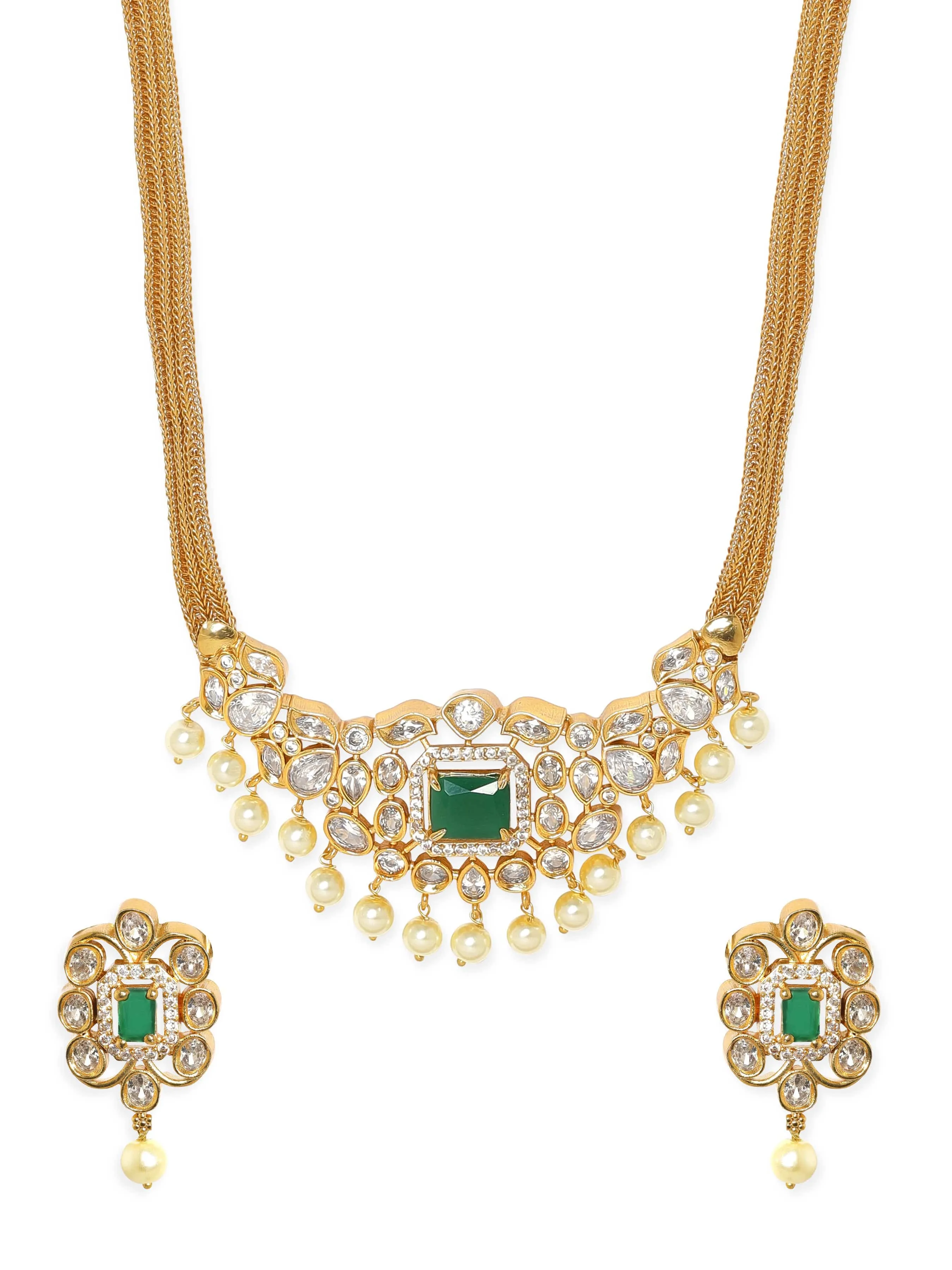 Rubans Opulent Gold-Plated AD & Green Stone Necklace Set