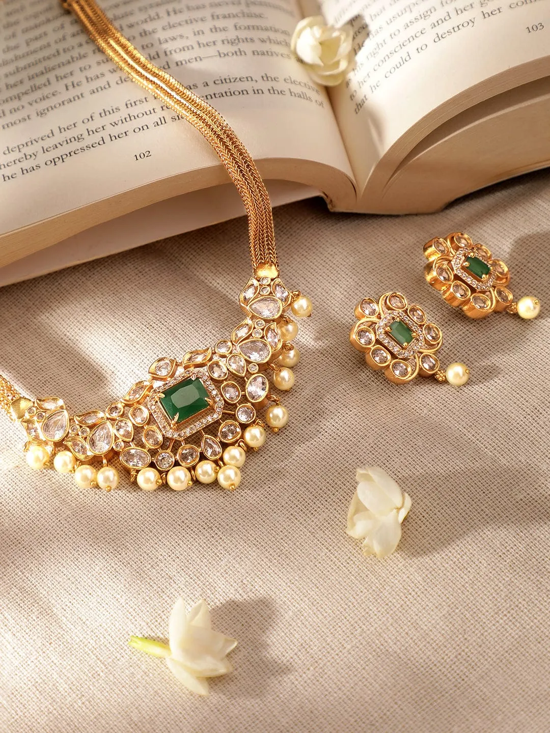 Rubans Opulent Gold-Plated AD & Green Stone Necklace Set