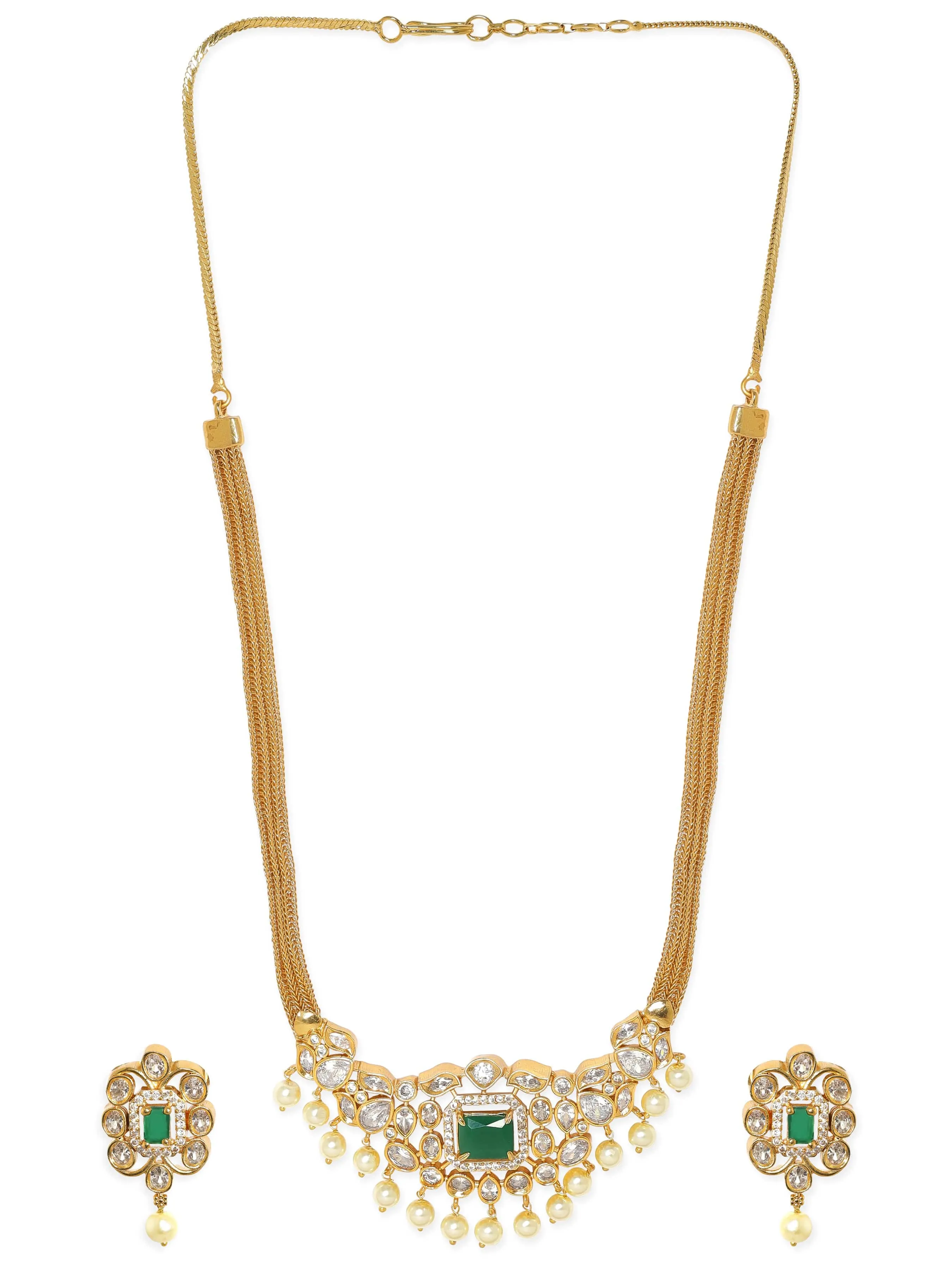 Rubans Opulent Gold-Plated AD & Green Stone Necklace Set