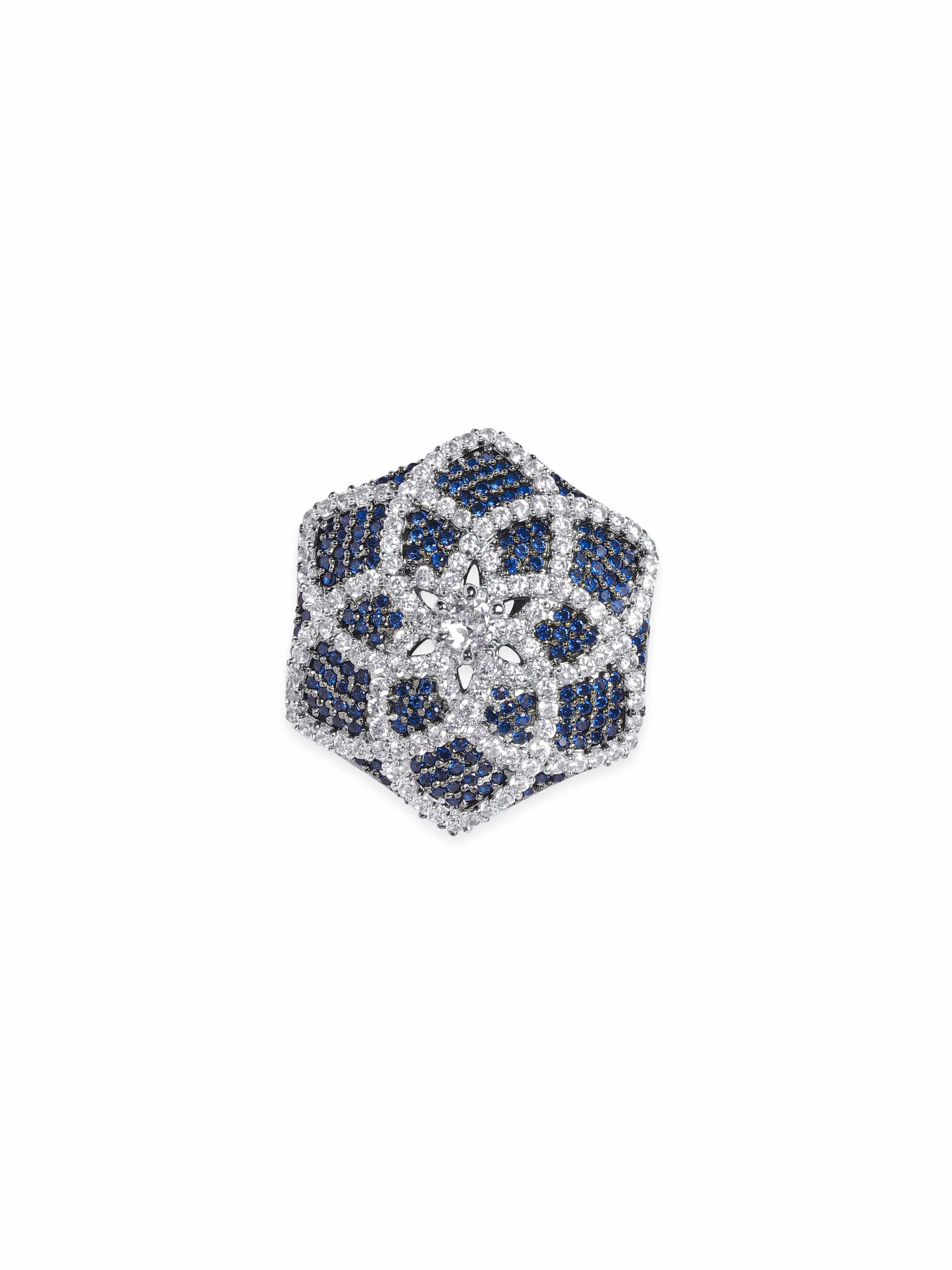 Rubans Rhodium Plated AAA Cubic Zirconia Blue Sapphire Floral motif Statement Stud Earrings