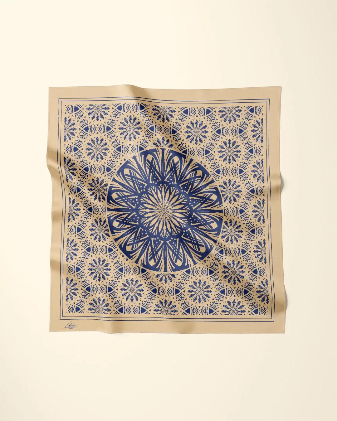 SERENITY Mandala Designer 100% Silk Scarf in Gold Navy Blue