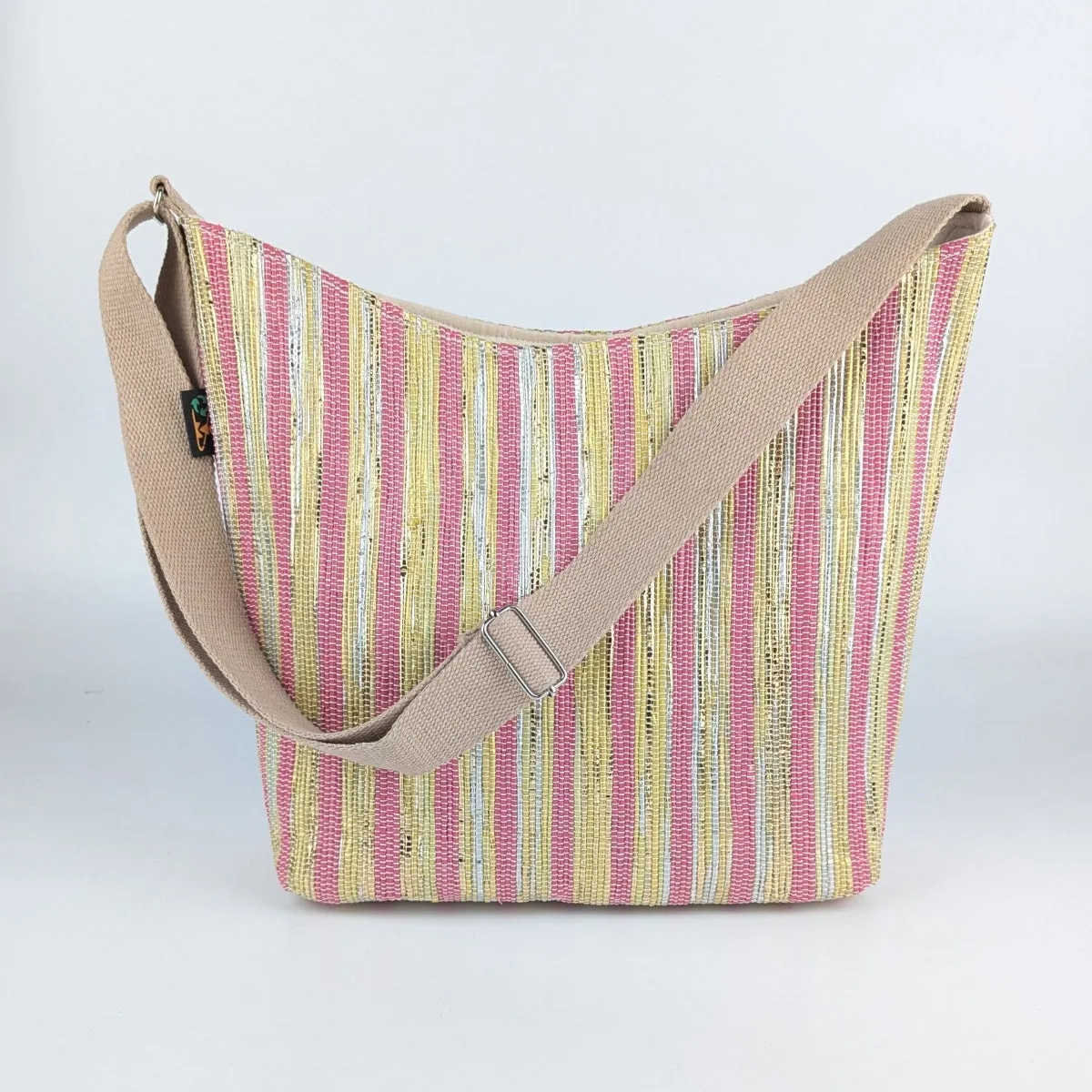 Shimmery Golden Yellow Pink Striped Upcycled Handwoven Eclipse Jhola Tote (EJ0125-003) PS_W