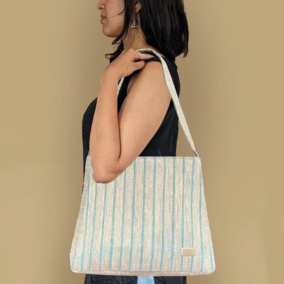 Shimmery Silver Blue Striped Upcycled Handwoven Trapeze Tote (TT1124-010) PS_W